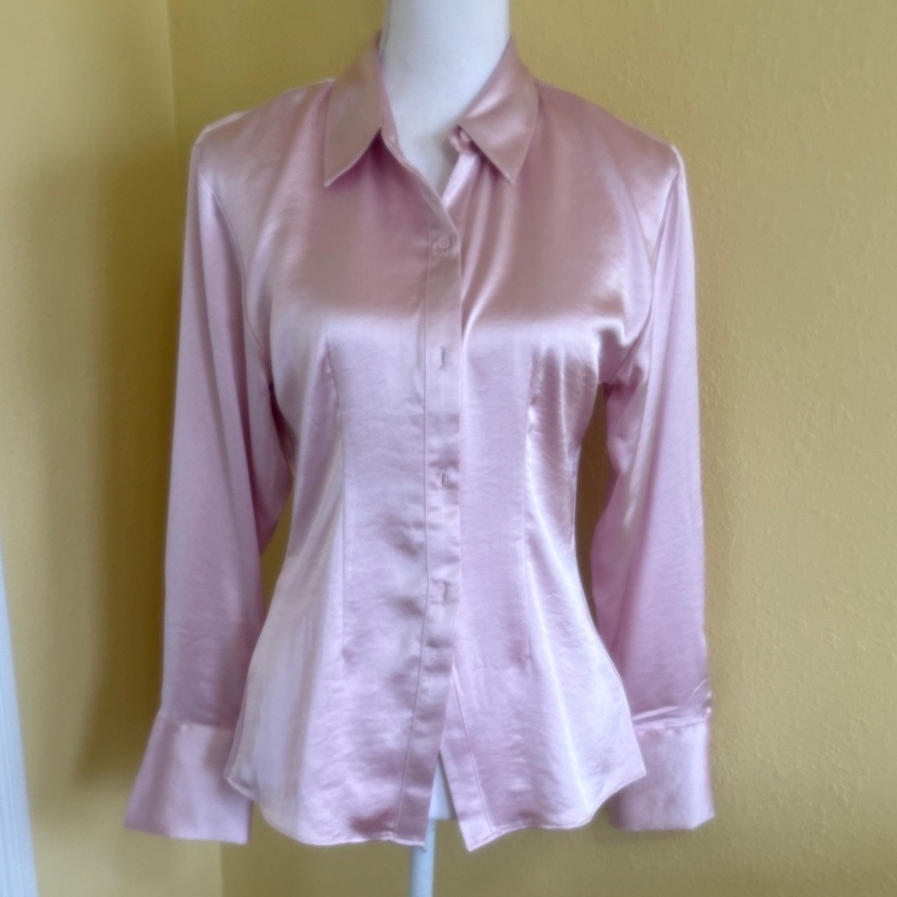 Express Satin Button-Down Blouse in Blush Pink